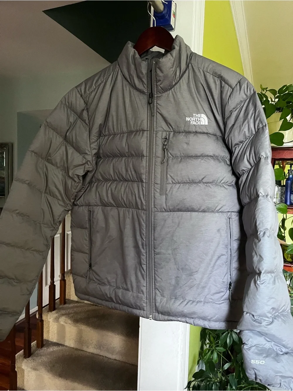 The North Face Men's Gray 550 Down Puffer Jacket Full Zip Stand-Up Collar M